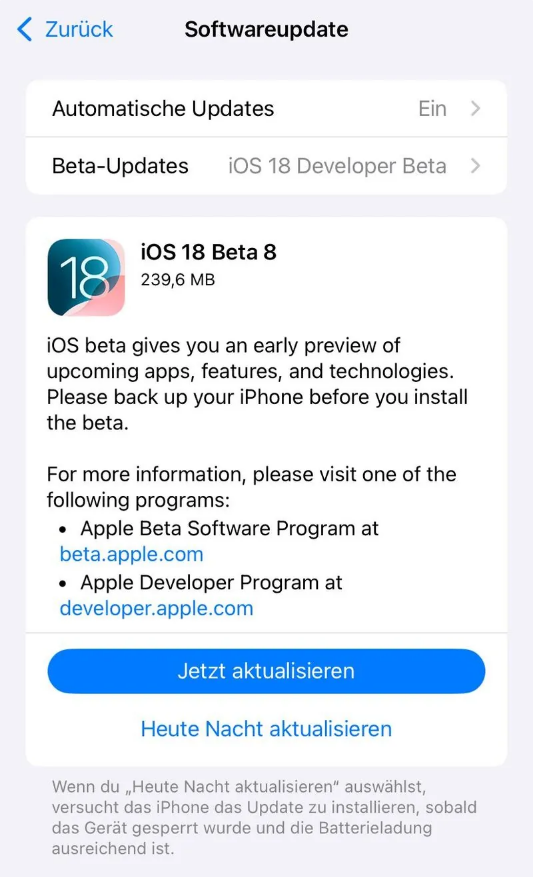 海丰苹果手机维修分享苹果 iOS / iPadOS 18 开发者预览版 Beta 8 发布 